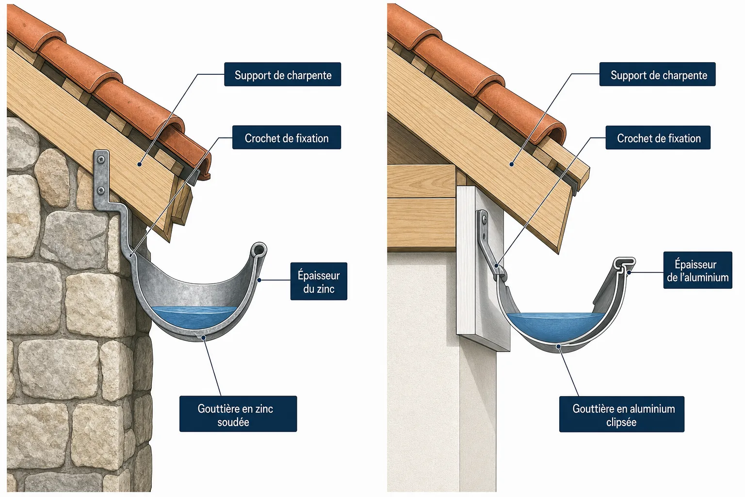 Schéma comparatif d'une gouttière zinc sur maison ancienne et d'une gouttière alu sur construction récente